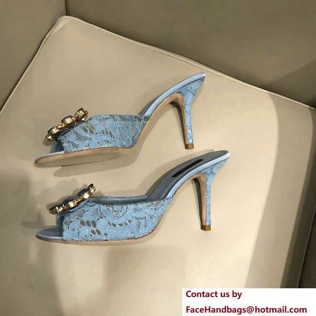 Dolce  &  Gabbana Heel 7cm Slippers Light Blue In Lace With Crystals 2018